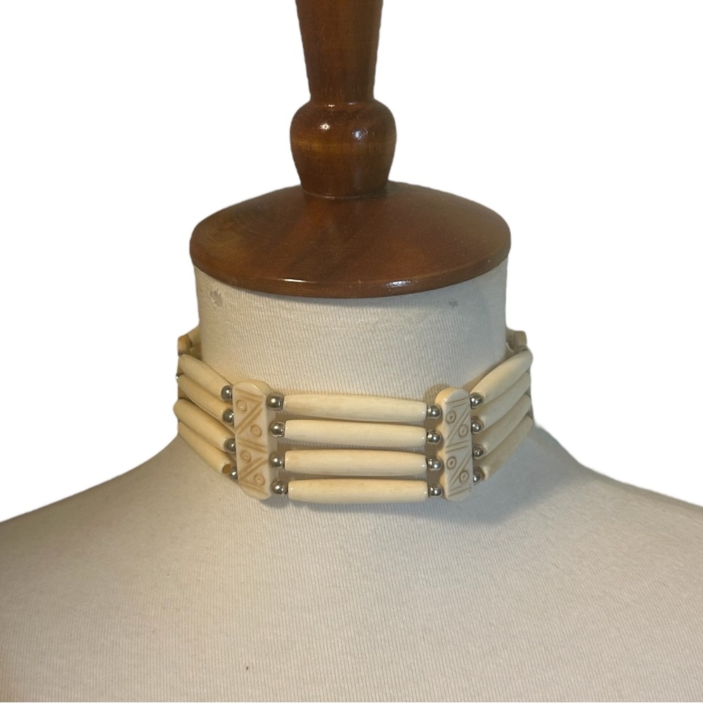 Off White Bone Hairpipe Beaded Choker Necklace 4 Row Silver Tone Unisex Handmade